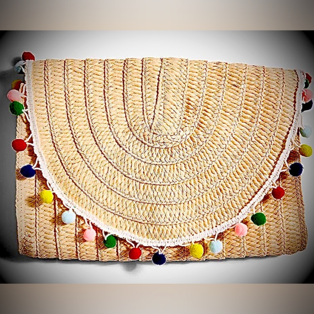 Lane Bryant Rainbow Pom-Pom Straw Clutch